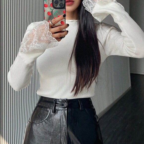 White Casual Women's Lace Patchwork Fitted Pullover Sweater - Picture 2 of 5